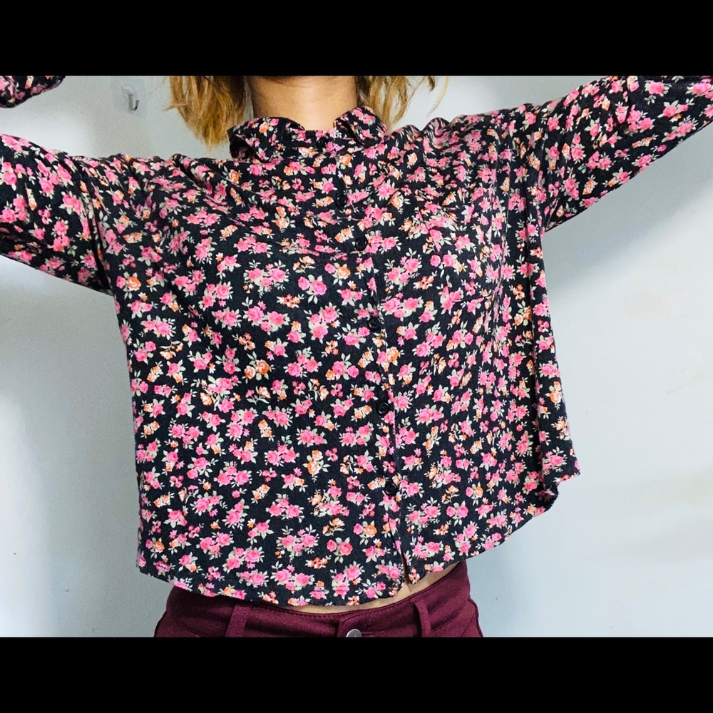 Women fashion long sleeve floral button down shirt